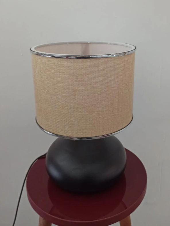 Serenay Metal Siyah Gövdeli Elite Abajur Gümüş Detay Pudra Başlık - 3