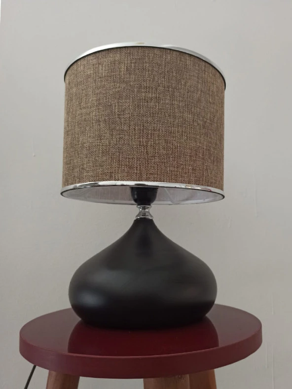 Serenay Metal Siyah Gövdeli Elite Abajur Gümüş Detay Bej Başlık - Resim 5