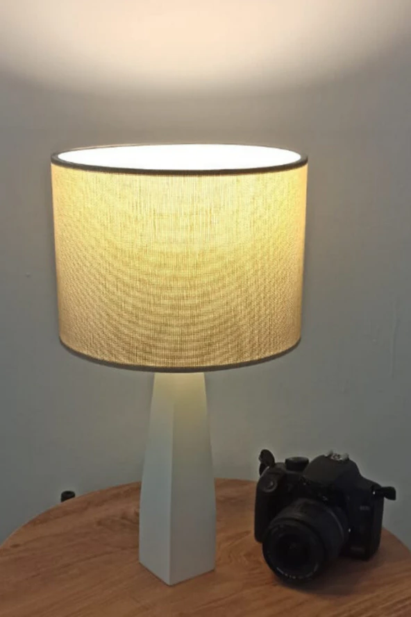 Belin Krem Ahşap Ayaklı Pudra Kumaş Başlık Abajur Yatak Odası Salon Okuma Köşesi - 4