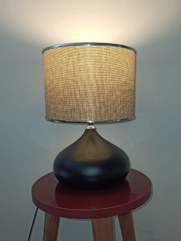 Serenay Metal Siyah Gövdeli Elite Abajur Gümüş Detay Bej Başlık - Resim 8