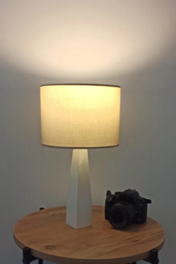 Belin Krem Ahşap Ayaklı Pudra Kumaş Başlık Abajur Yatak Odası Salon Okuma Köşesi - 5