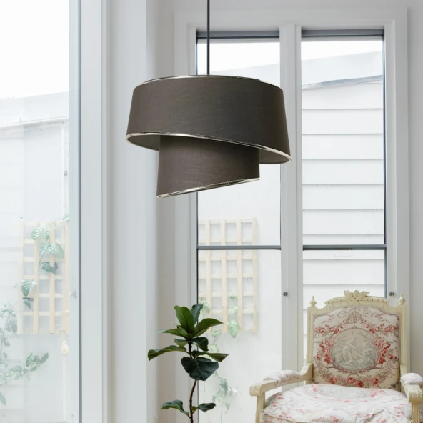 Stil Asitmetrik Pasta Avize Antrasit Kumaş Gümüş Şeritli Yatak Odası Salon Sarkıt - 4