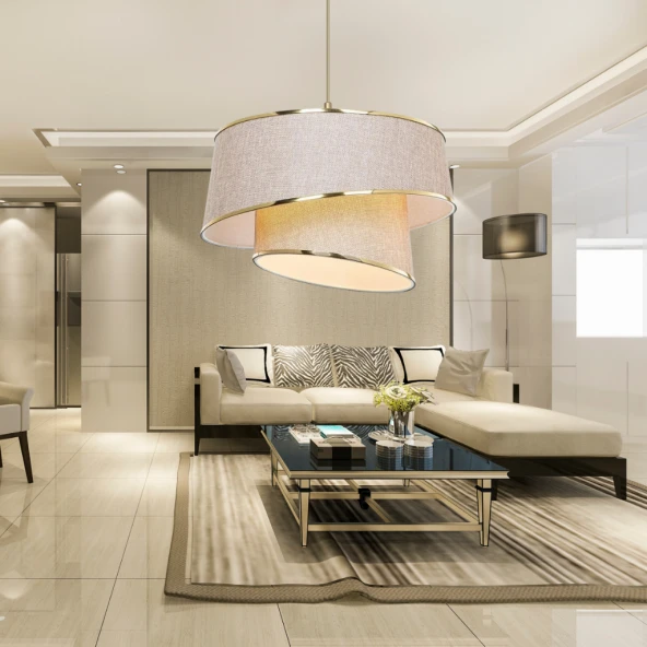 Stil Asitmetrik Pasta Avize Pudra Kumaş Altın Şeritli Yatak Odası Salon Sarkıt - 2