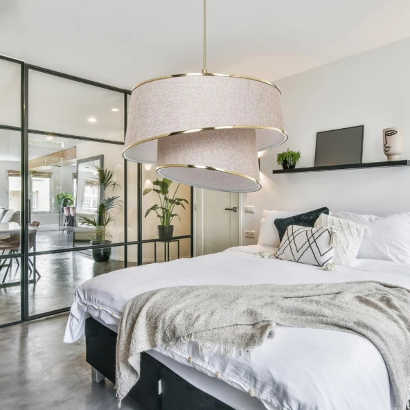 Stil Asitmetrik Pasta Avize Pudra Kumaş Altın Şeritli Yatak Odası Salon Sarkıt - 4