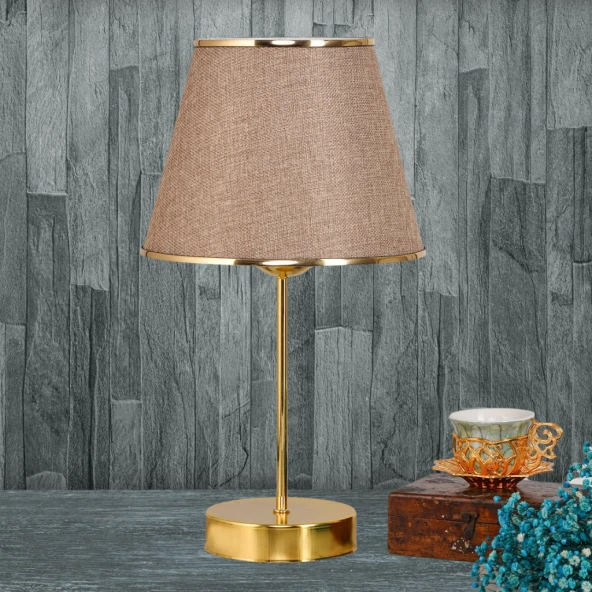 Star Gold Ayaklı Abajur Şeritli Kumbeji Kumaş Başlık Yatak Odası Salon Masa Lambası ürün görseli