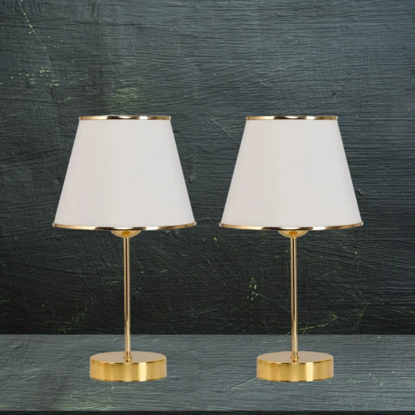 Star Gold Ayaklı Abajur Şeritli Krem Kumaş Başlık Yatak Odası Salon Masa Lambası 2 Adet - Resim 6