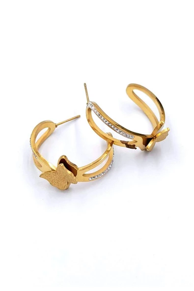 Gold Renk Kelebekli Taşlı Yarım Halka Çelik Küpe ürün görseli 1