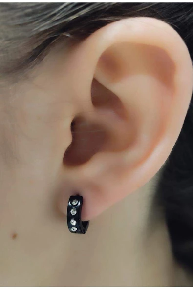 Siyah Renk Gümüş Taşlı Çelik Küpe ürün görseli 1