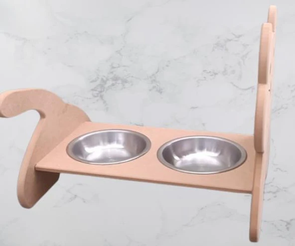 Hobi ERC 90368 MODEL Kedi Mama ve Su Kabı Ahşap MDF HAM Paslanmaz Tabak El Yapım - 2