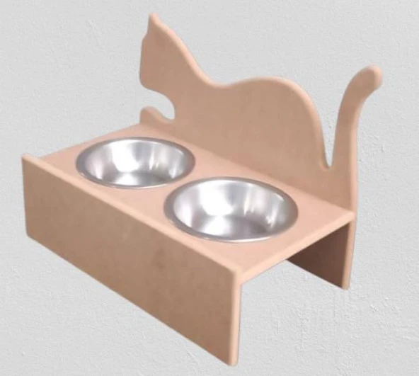 Hobi ERC 90368 MODEL Kedi Mama ve Su Kabı Ahşap MDF HAM Paslanmaz Tabak El Yapım - 3