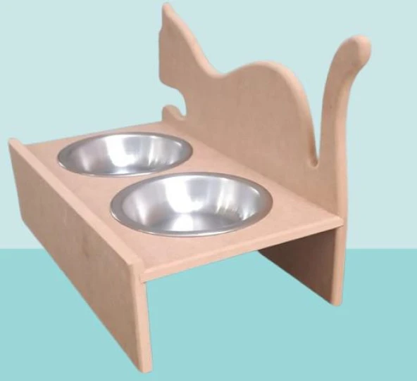 Hobi ERC 90368 MODEL Kedi Mama ve Su Kabı Ahşap MDF HAM Paslanmaz Tabak El Yapım - 5