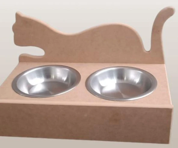 Hobi ERC 90368 MODEL Kedi Mama ve Su Kabı Ahşap MDF HAM Paslanmaz Tabak El Yapım - 6