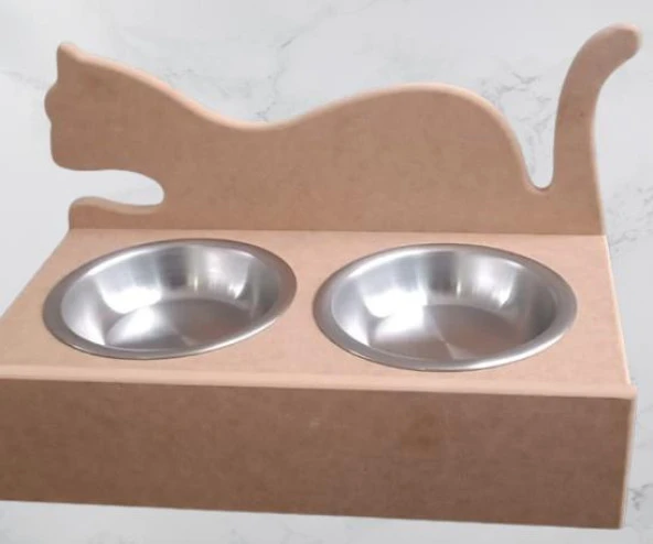 Hobi ERC 90368 MODEL Kedi Mama ve Su Kabı Ahşap MDF HAM Paslanmaz Tabak El Yapım - 7