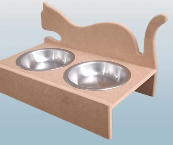 Hobi ERC 90368 MODEL Kedi Mama ve Su Kabı Ahşap MDF HAM Paslanmaz Tabak El Yapım - 8