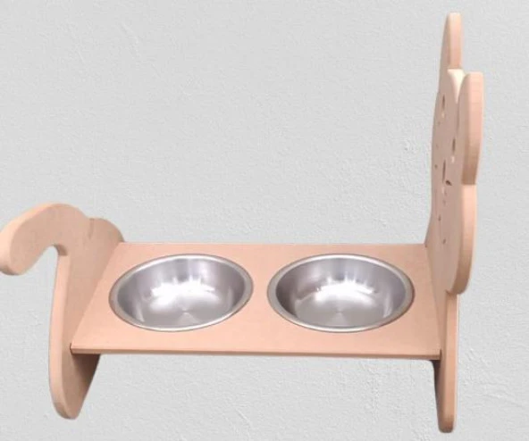 Hobi ERC 90369 MODEL Kedi Mama Ve Su Kabı Seti MDF HAM Paslanmaz Tabak El Yapım - 3