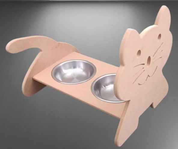 Hobi ERC 90369 MODEL Kedi Mama Ve Su Kabı Seti MDF HAM Paslanmaz Tabak El Yapım - 7