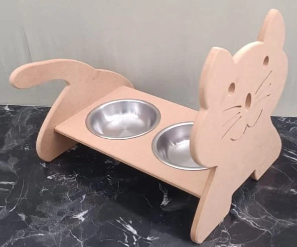 Hobi ERC 90369 MODEL Kedi Mama Ve Su Kabı Seti MDF HAM Paslanmaz Tabak El Yapım - 8