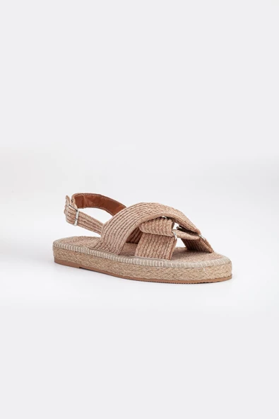 Kadife Kalın Taban Çapraz Bantlı Vizon Kadın Sandalet - Resim 4