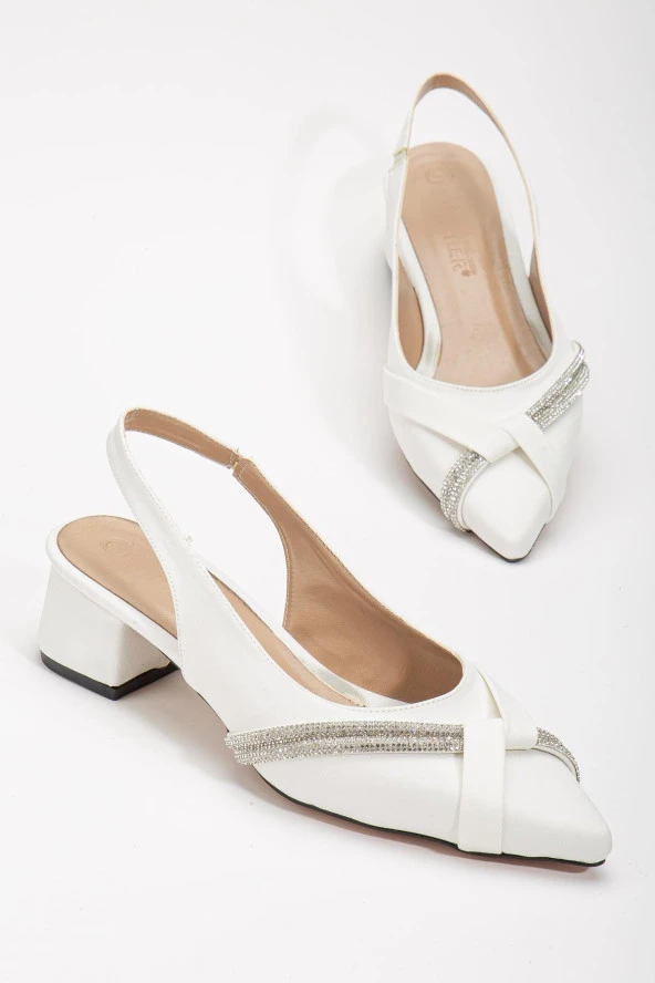 Büyük Numara Zara Saten Taşlı Beyaz Kadın Kısa Topuklu Abiye Ayakkabı