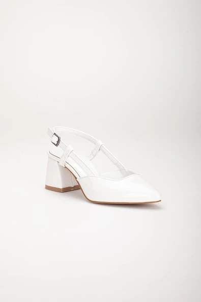 Büyük Numara Rugan Yan Direkli Beyaz Kadın Topuklu Ayakkabı - Resim 4