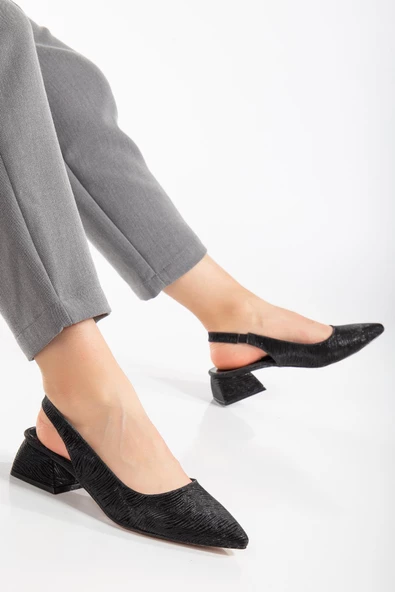 Büyük Numara Parlak çizgili Deri Siyah Kadın Topuklu Ayakkabı - Resim 2