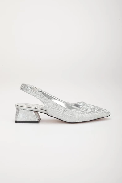 Büyük Numara Parlak çizgili Deri Gümüş Kadın Topuklu Ayakkabı - Resim 3