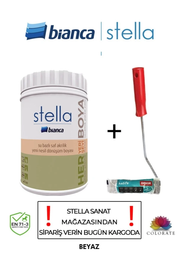 BİANCA STELLA Su Bazlı Saf Akrilik Boya 1 LT Ve DEKOR KADİFE RULO