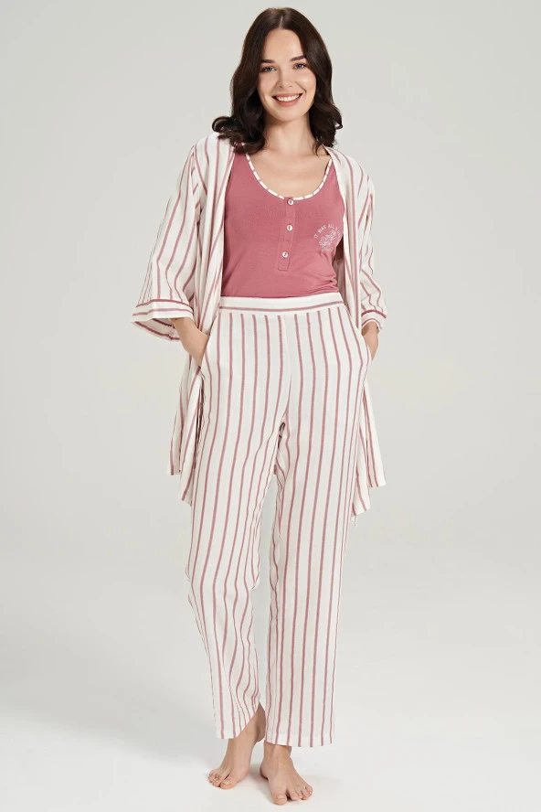 Kadın Simli Çizgi Desenli Kalın Askılı 3'lü Belden Kuşaklı Pijama Takımı