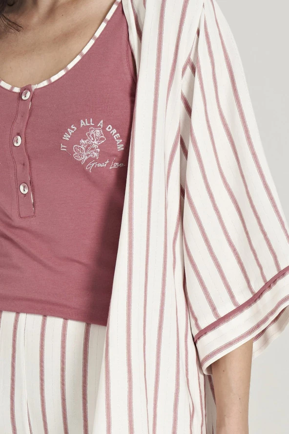 Kadın Simli Çizgi Desenli Kalın Askılı 3'lü Belden Kuşaklı Pijama Takımı - 2