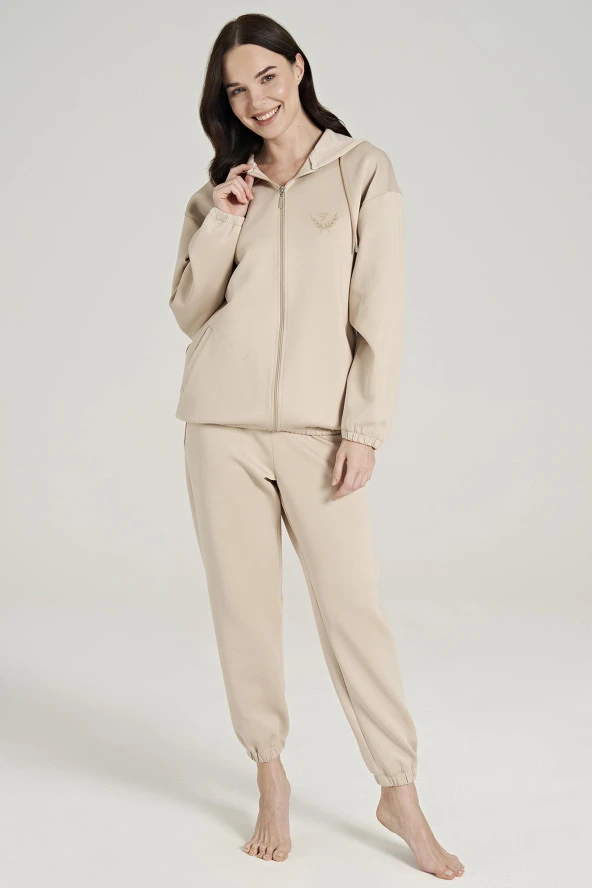 Kadın Fermuarlı Kapşonlu Paçası Lastikli Pijama Takımı