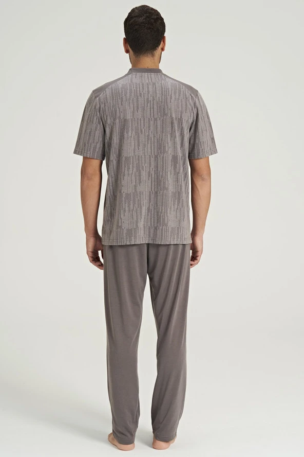 Erkek Büyük Beden Hakim Yaka Yakası Düğmeli Pijama Takımı - 4