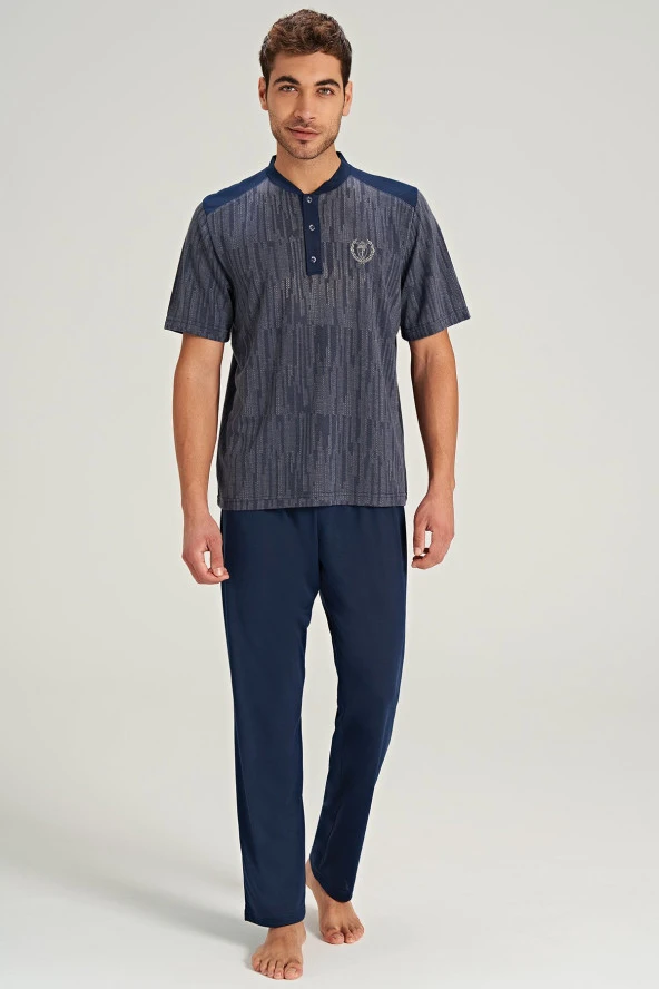 Erkek Büyük Beden Hakim Yaka Yakası Düğmeli Pijama Takımı - 5