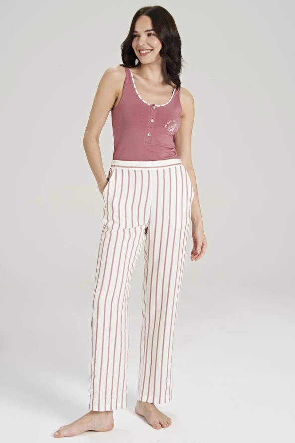 Kadın Simli Çizgi Desenli Kalın Askılı 3'lü Belden Kuşaklı Pijama Takımı - 4