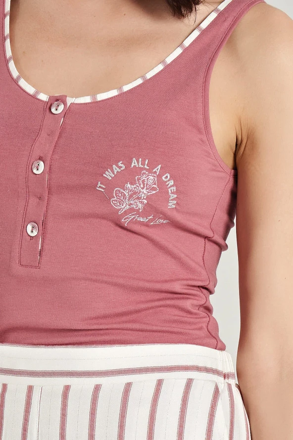 Kadın Simli Çizgi Desenli Kalın Askılı 3'lü Belden Kuşaklı Pijama Takımı - 5