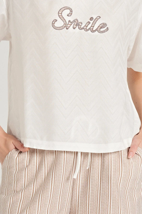 Kadın Smile Desenli Çizgili Şortlu Pijama Takımı - 2