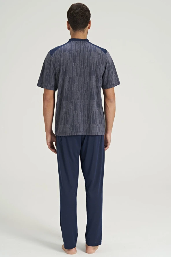 Erkek Büyük Beden Hakim Yaka Yakası Düğmeli Pijama Takımı - 8