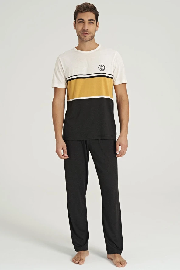 Erkek Ringel Desenli Yarım Kol Pijama Takımı