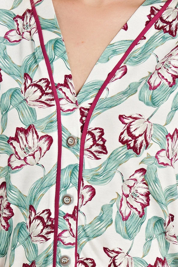 Kadın Klasik Çicek Desenli Önden Düğmeli Gecelik Elbise - 2