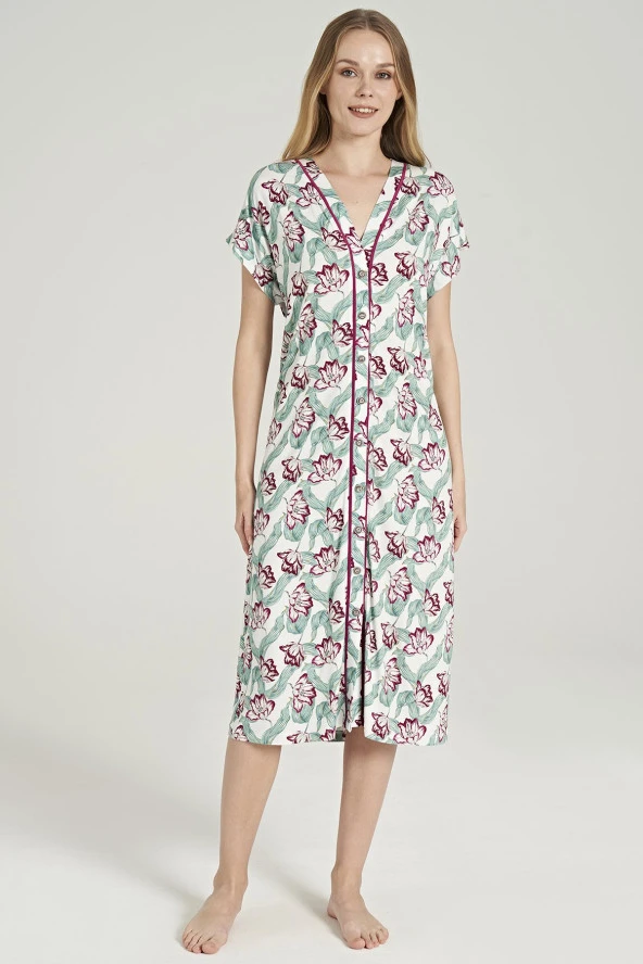 Kadın Klasik Çicek Desenli Önden Düğmeli Gecelik Elbise - 3