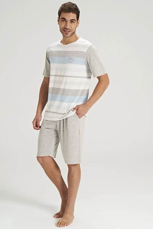 Erkek Çizgi Desenli Yarım Kol Şortlu Pijama Takımı - 3
