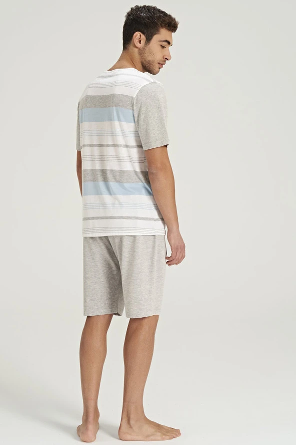 Erkek Çizgi Desenli Yarım Kol Şortlu Pijama Takımı - 4