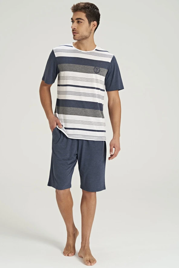 Erkek Çizgi Desenli Yarım Kol Şortlu Pijama Takımı - 5