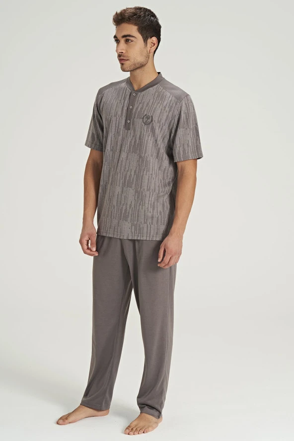 Erkek Hakim Yaka Yakası Düğmeli Pijama Takımı - 3
