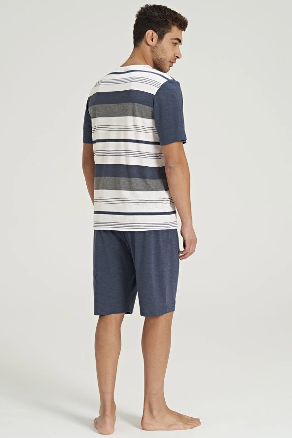 Erkek Çizgi Desenli Yarım Kol Şortlu Pijama Takımı - 8