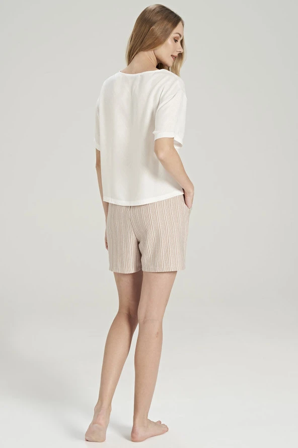 Kadın Smile Desenli Çizgili Şortlu Pijama Takımı - 5