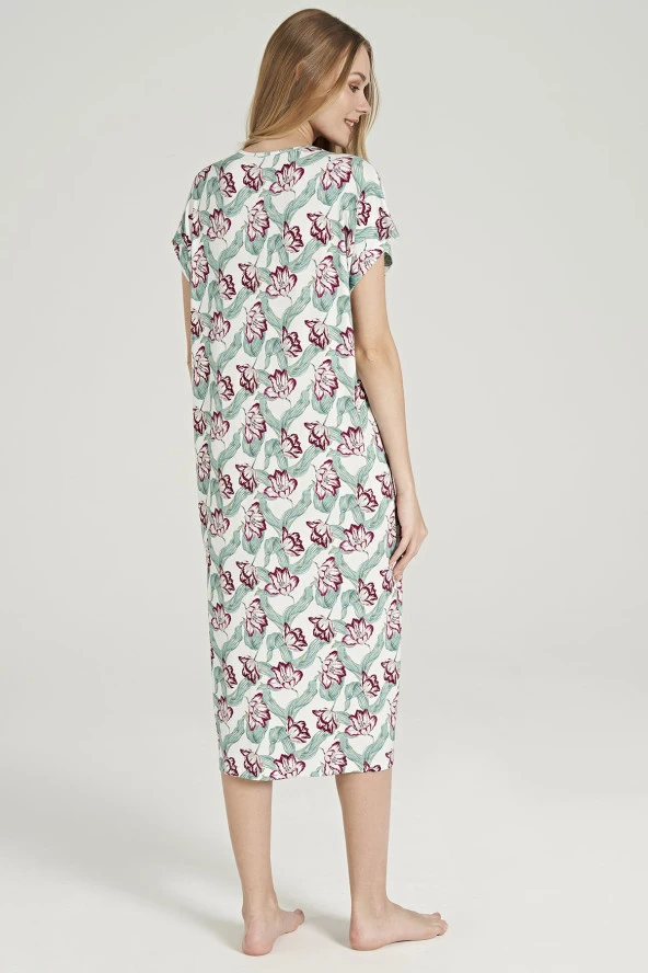 Kadın Klasik Çicek Desenli Önden Düğmeli Gecelik Elbise - 4