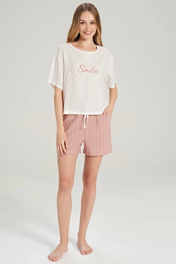 Kadın Smile Desenli Çizgili Şortlu Pijama Takımı - 6