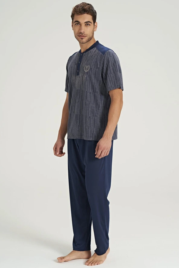 Erkek Hakim Yaka Yakası Düğmeli Pijama Takımı - 7