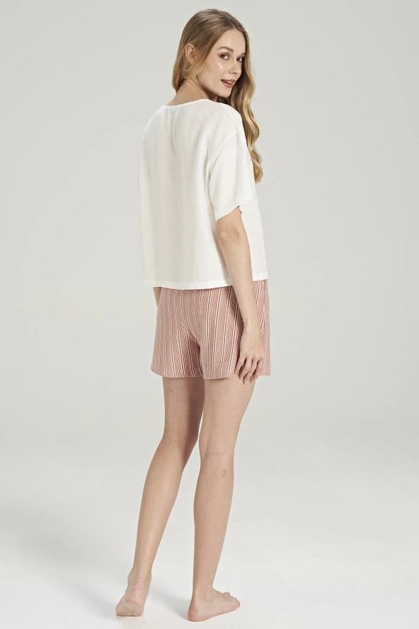 Kadın Smile Desenli Çizgili Şortlu Pijama Takımı - 9