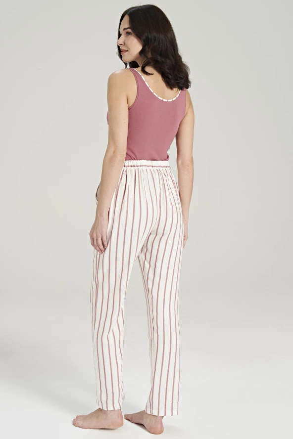 Kadın Simli Çizgi Desenli Kalın Askılı 3'lü Belden Kuşaklı Pijama Takımı - 6